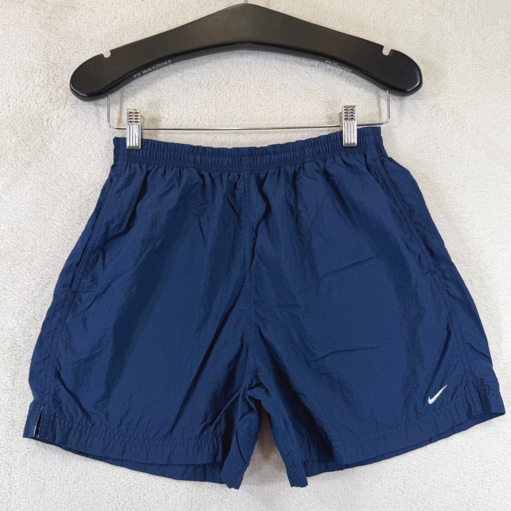 Vintage Nike Running Shorts Mens M Navy Blue Nylon 90s Y2K Swoosh Gym Athletic